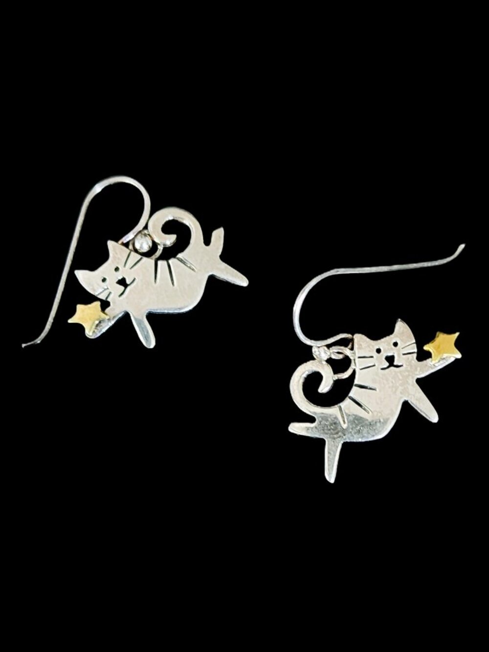 Vintage Far Fetched Handcrafted Alpaca Silver & Brass "Starlight Kitty" Earrings